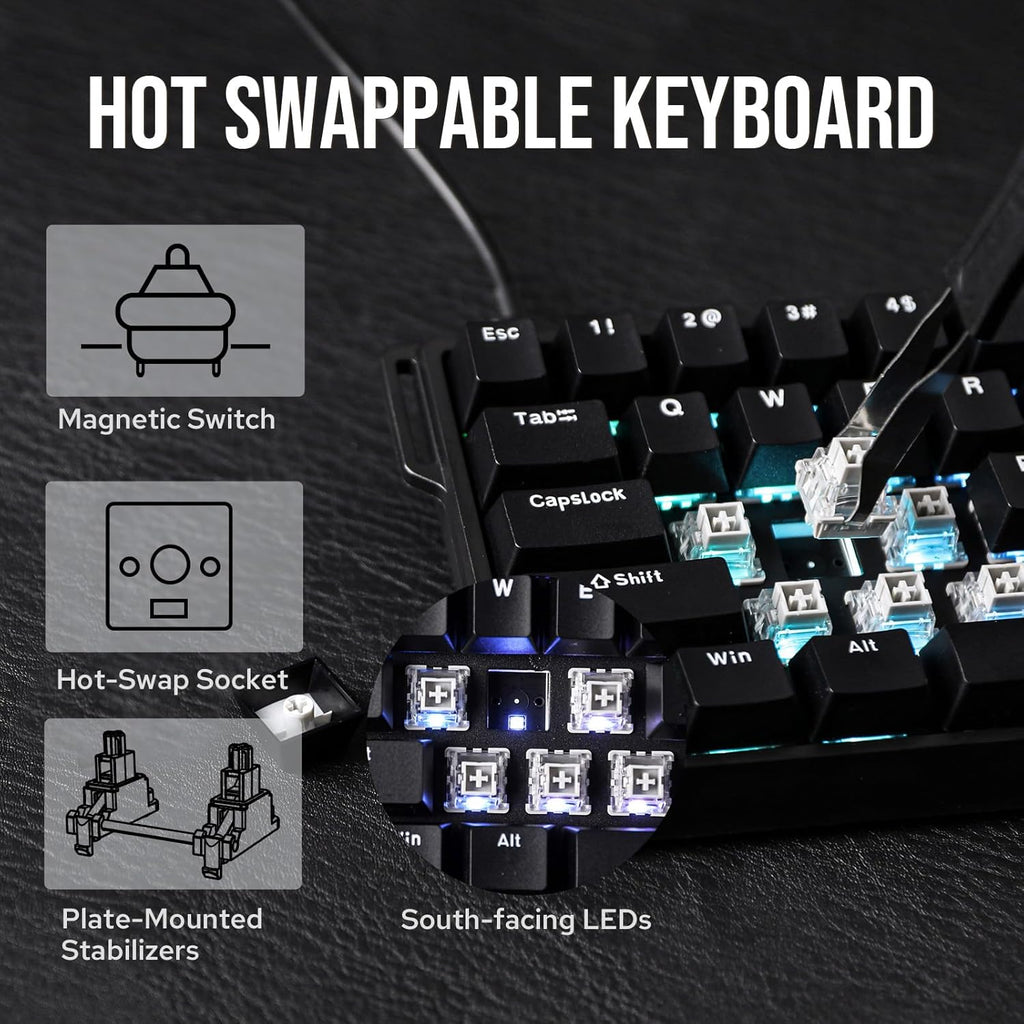 EPOMAKER Aula WIN60 HE Teclado Magnético 60% Con Cable, Acción Ajustable, Tasa De Sondeo 8000Hz, Switches Hall Effect, Intercambiable En Caliente, Para Juegos De FPS (Negro)