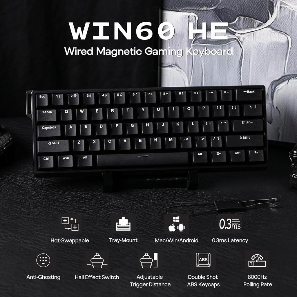 EPOMAKER Aula WIN60 HE Teclado Magnético 60% Con Cable, Acción Ajustable, Tasa De Sondeo 8000Hz, Switches Hall Effect, Intercambiable En Caliente, Para Juegos De FPS (Negro)