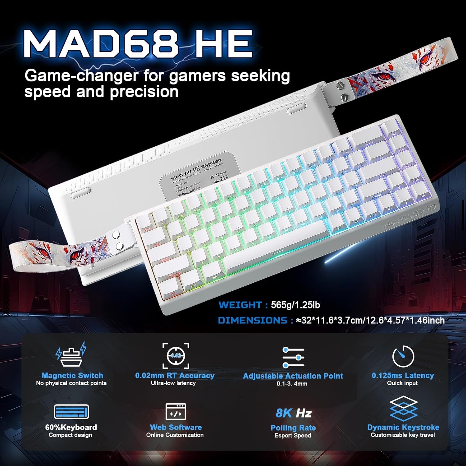 YUNZII X MADLIONS MAD68 HE Activa Rápidamente El Teclado De Juego Mecánico Magnético De Cable 60% Interruptor De Efecto Hall De Accionamiento Ajustable, Tapa De Clave PBT RGB Plug (Blanco)