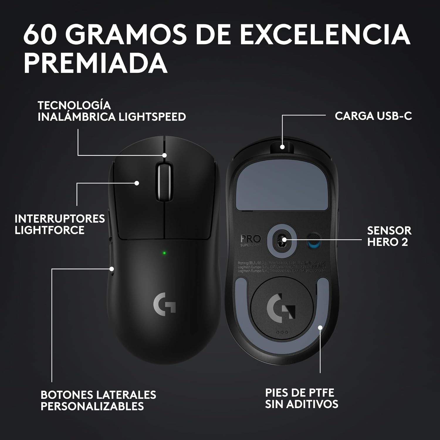 Logitech G PRO X SUPERLIGHT 2, Ratón Inalámbrico Para Gamingratón Pro-Grade De 60 G Con 5 Botones Programables, Sensor De 44 000 DPI, Velocidad De Respuesta De 8 Khz, Carga USB-C Para Pc/Mac - Negro