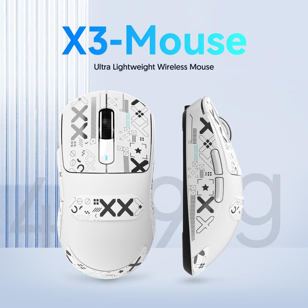ATTACK SHARK X3 49G Superlight Mouse Con Cinta, Pixart PAW3395 Gaming Sensor, BT/2.4G Wireless/Wired Mouse, 6 Dpi Ajustable 26000, 200 Hrs Battery, Office Mouse Para Win11/Xbox/Ps/Mac (Blanco)