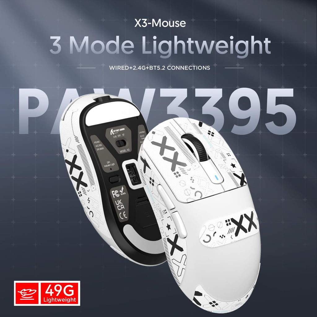 ATTACK SHARK X3 49G Superlight Mouse Con Cinta, Pixart PAW3395 Gaming Sensor, BT/2.4G Wireless/Wired Mouse, 6 Dpi Ajustable 26000, 200 Hrs Battery, Office Mouse Para Win11/Xbox/Ps/Mac (Blanco)
