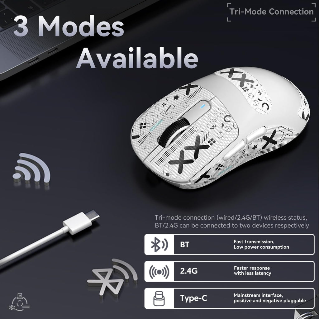 ATTACK SHARK X3 49G Superlight Mouse Con Cinta, Pixart PAW3395 Gaming Sensor, BT/2.4G Wireless/Wired Mouse, 6 Dpi Ajustable 26000, 200 Hrs Battery, Office Mouse Para Win11/Xbox/Ps/Mac (Blanco)