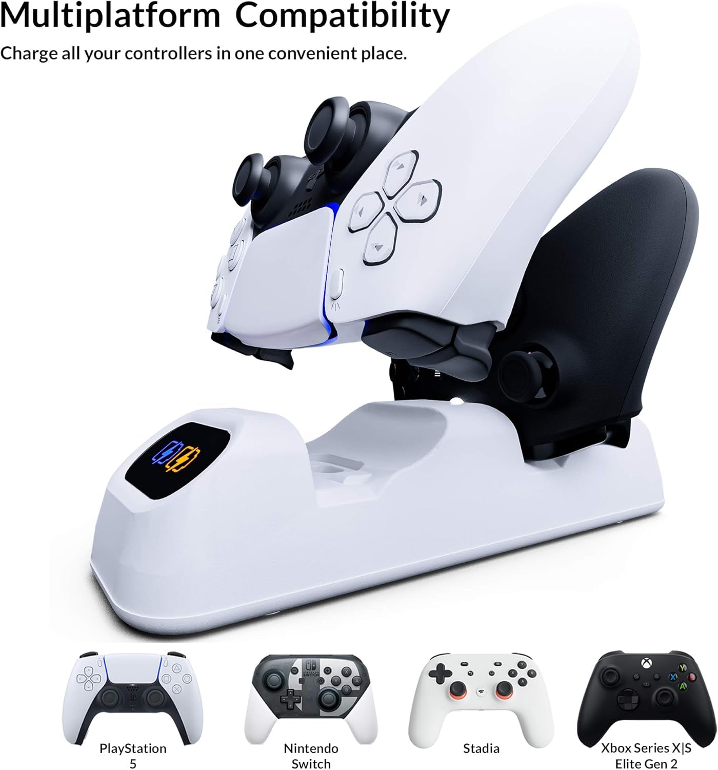 Orzly Duocharger Para PS5 - Cargador De Mandos Compatible Con: PS5 Playstation 5, Xbox Series X | S Stadia Y Nintendo Switch - Base De Carga USB-C Edición Pearl White [Blanco]