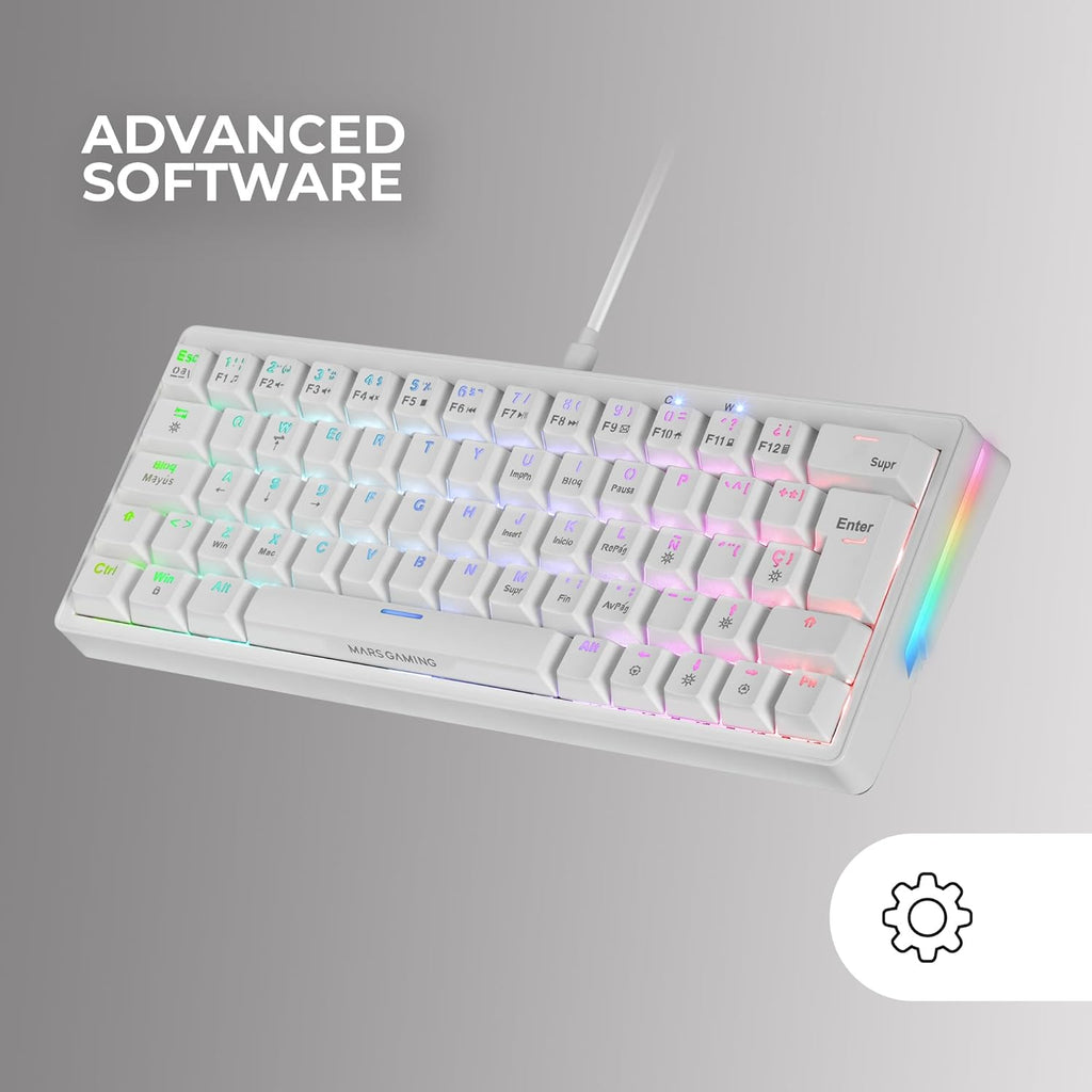Mars Gaming MKMINIPRO, Teclado Mecánico Ultra-Compacto 60%, Switches Mecánicos Hot-Swappable, Iluminación RGB Chroma, Teclado Gaming Antighosting, Multiplataforma, Switch Marrón, Portugués, Blanco