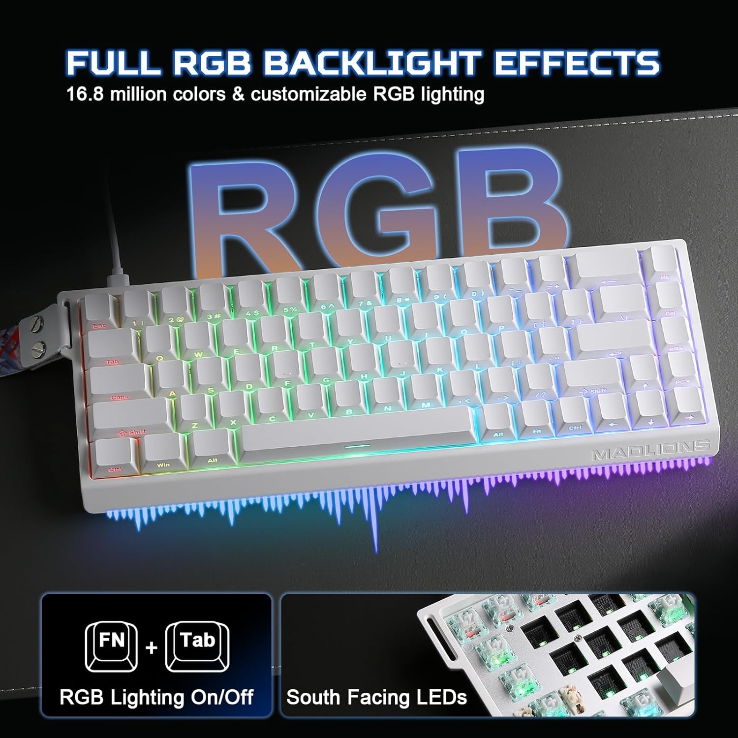 YUNZII X MADLIONS MAD68 HE Activa Rápidamente El Teclado De Juego Mecánico Magnético De Cable 60% Interruptor De Efecto Hall De Accionamiento Ajustable, Tapa De Clave PBT RGB Plug (Blanco)