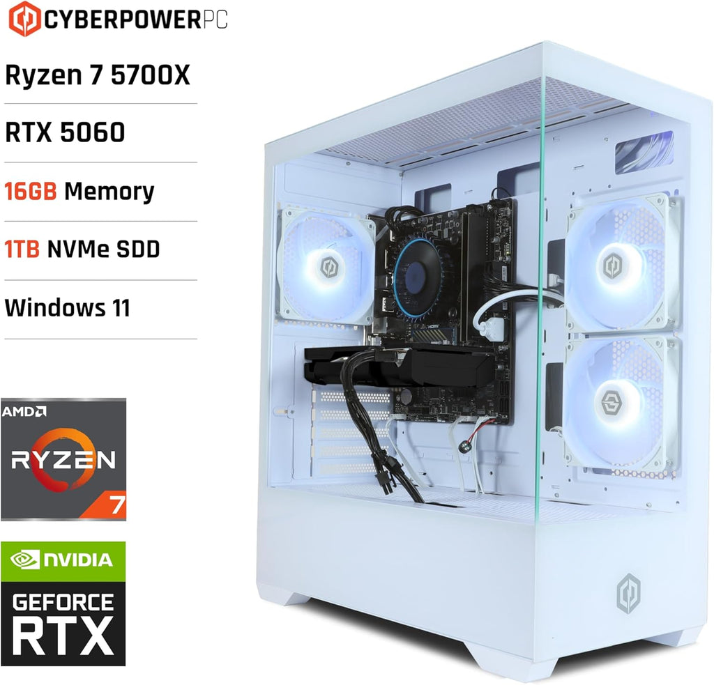 CYBERPOWERPC Wyvern Gaming PC - AMD Ryzen 7 5700X, Nvidia RTX 5060 8GB, 16GB RAM, 1TB Nvme SSD, 650W 80+ PSU, Wi-Fi, Windows 11, Prism Panoramic RGB White
