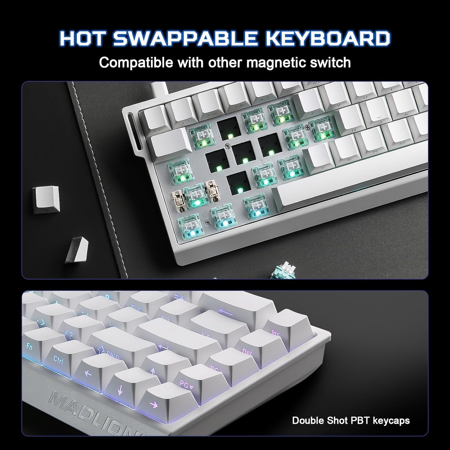 YUNZII X MADLIONS MAD68 HE Activa Rápidamente El Teclado De Juego Mecánico Magnético De Cable 60% Interruptor De Efecto Hall De Accionamiento Ajustable, Tapa De Clave PBT RGB Plug (Blanco)