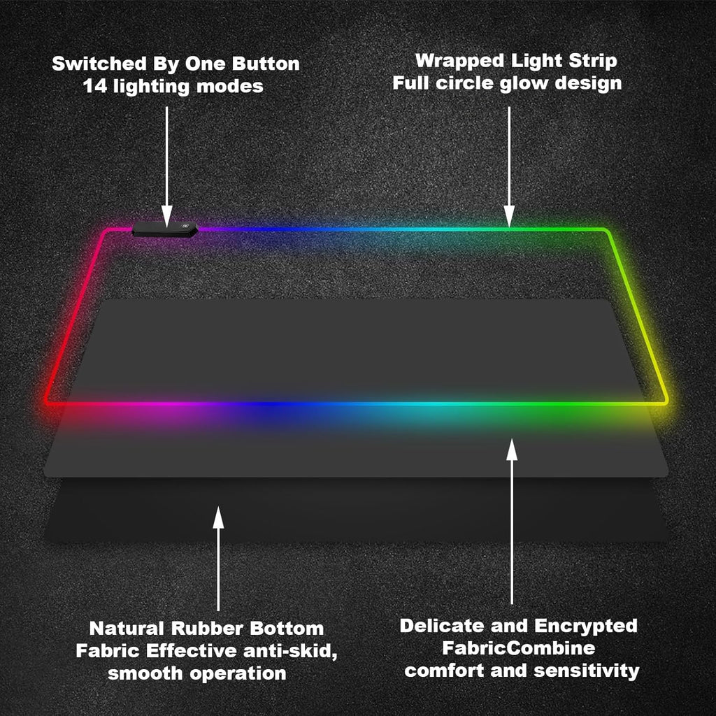 Alfombrilla De Ratón Para Videojuegos RGB, 800 X 300 Mm, XXL, Alfombrilla De Ratón Grande Para Videojuegos, 14 Modos De Iluminación, 7 Colores LED, Resistente Al Agua, Antideslizante, Para Teclado,