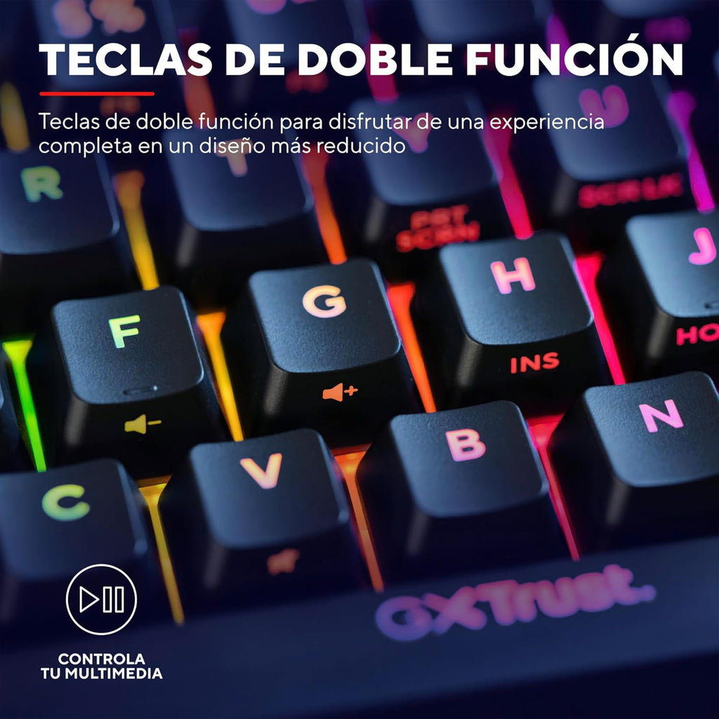 Trust Gaming GXT 867 Acira Teclado Mecánico 60% Español QWERTY, Teclas De Doble Función, Iluminación RGB, Mini Teclado Gaming Compacto Programmable Con Cable USB PC Portátil - Negro/Gris