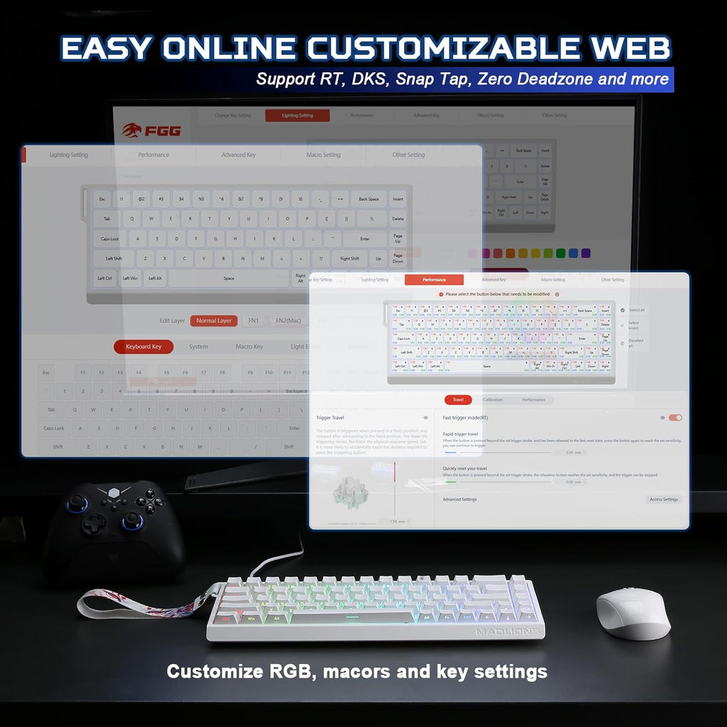 YUNZII X MADLIONS MAD68 HE Activa Rápidamente El Teclado De Juego Mecánico Magnético De Cable 60% Interruptor De Efecto Hall De Accionamiento Ajustable, Tapa De Clave PBT RGB Plug (Blanco)
