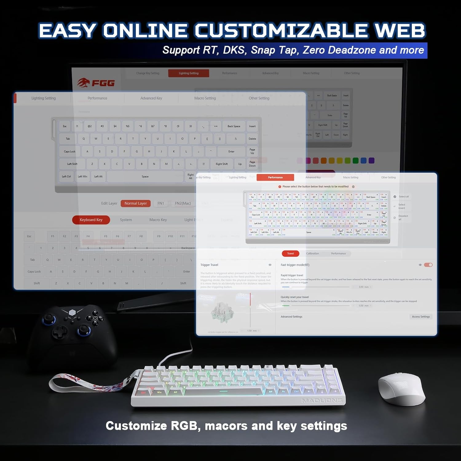 YUNZII X MADLIONS MAD68 HE Activa Rápidamente El Teclado De Juego Mecánico Magnético De Cable 60% Interruptor De Efecto Hall De Accionamiento Ajustable, Tapa De Clave PBT RGB Plug (Blanco)