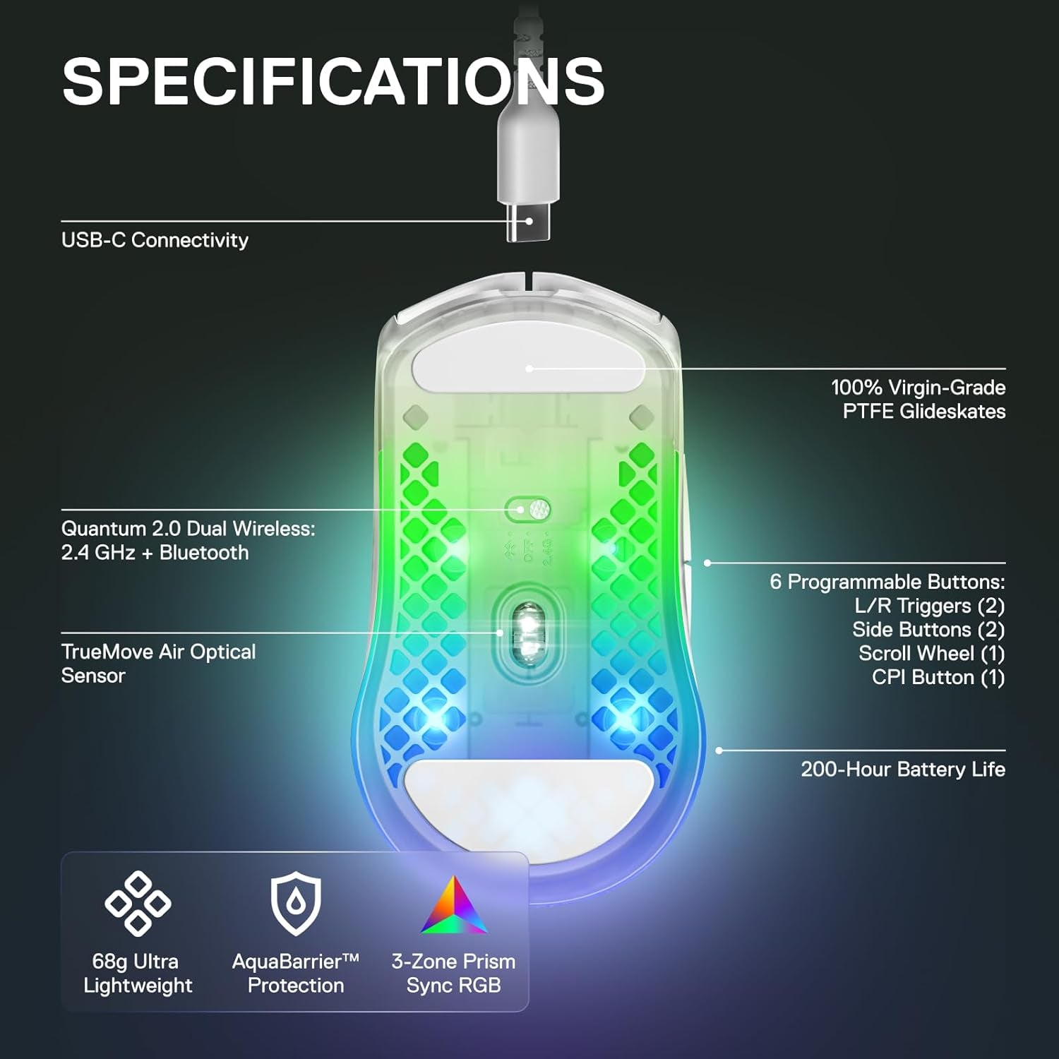 Steelseries Aerox 3 Wireless Ghost - Raton Inalambrico Gaming - Diseño Ultraligero Resistente Al Agua - RGB - Sensor Óptico Truemove Air 18K DPI