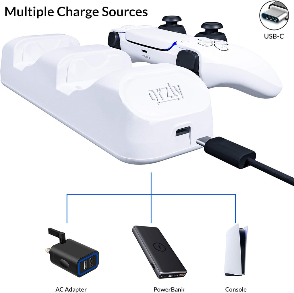Orzly Duocharger Para PS5 - Cargador De Mandos Compatible Con: PS5 Playstation 5, Xbox Series X | S Stadia Y Nintendo Switch - Base De Carga USB-C Edición Pearl White [Blanco]